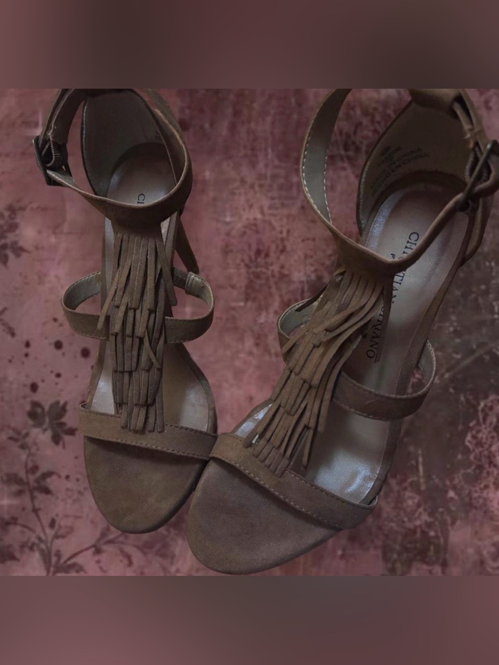 Christian Siriano Brown Suede Fringe Ankle-Strap Heels